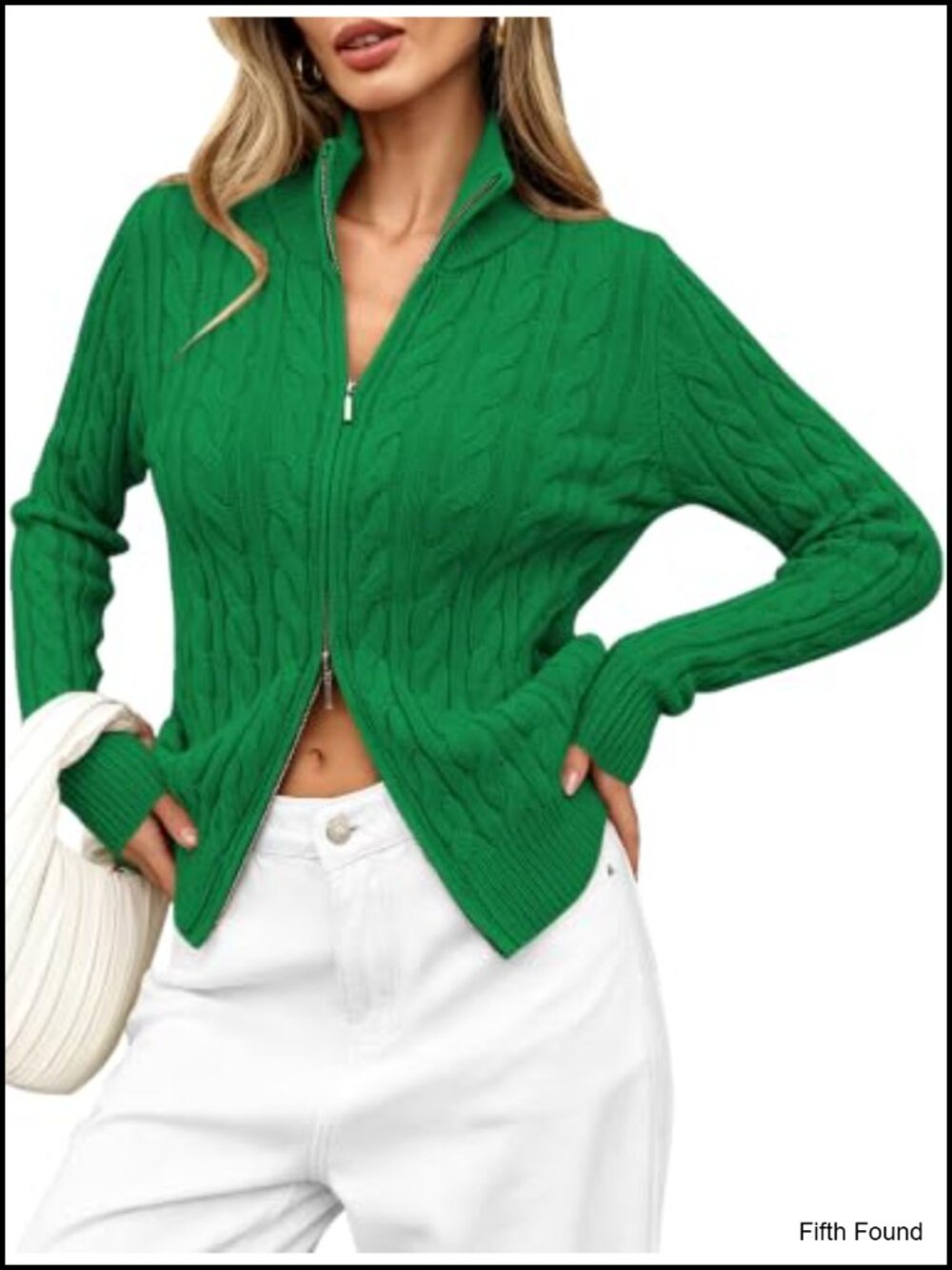 Cable Knit Two Way Zip Up Cardigan Sweater Mock Neck Slim Fit
